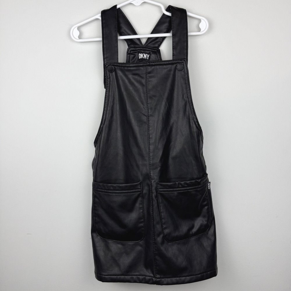 DKNY Jumper Dress Girls Sz 5 Black Faux Leather Pinafore Overall Mini Skirt Edgy - Picture 1 of 5